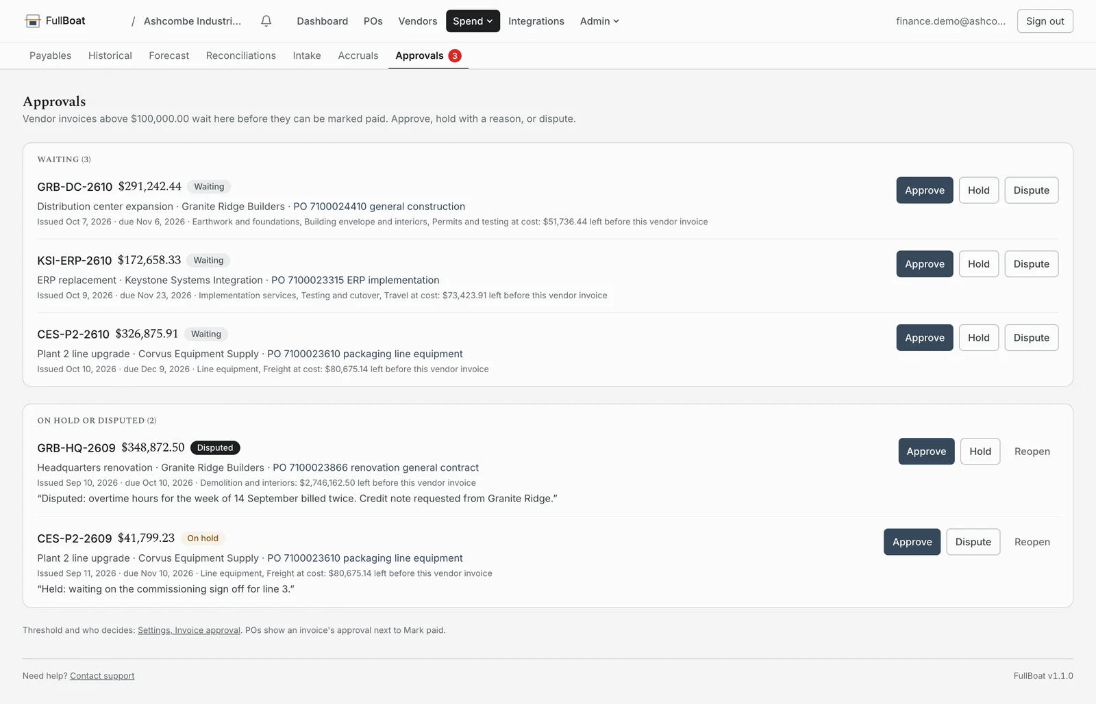 FullBoat approvals: vendor invoices waiting for approve, hold or dispute, and a held and a disputed invoice with their notes.