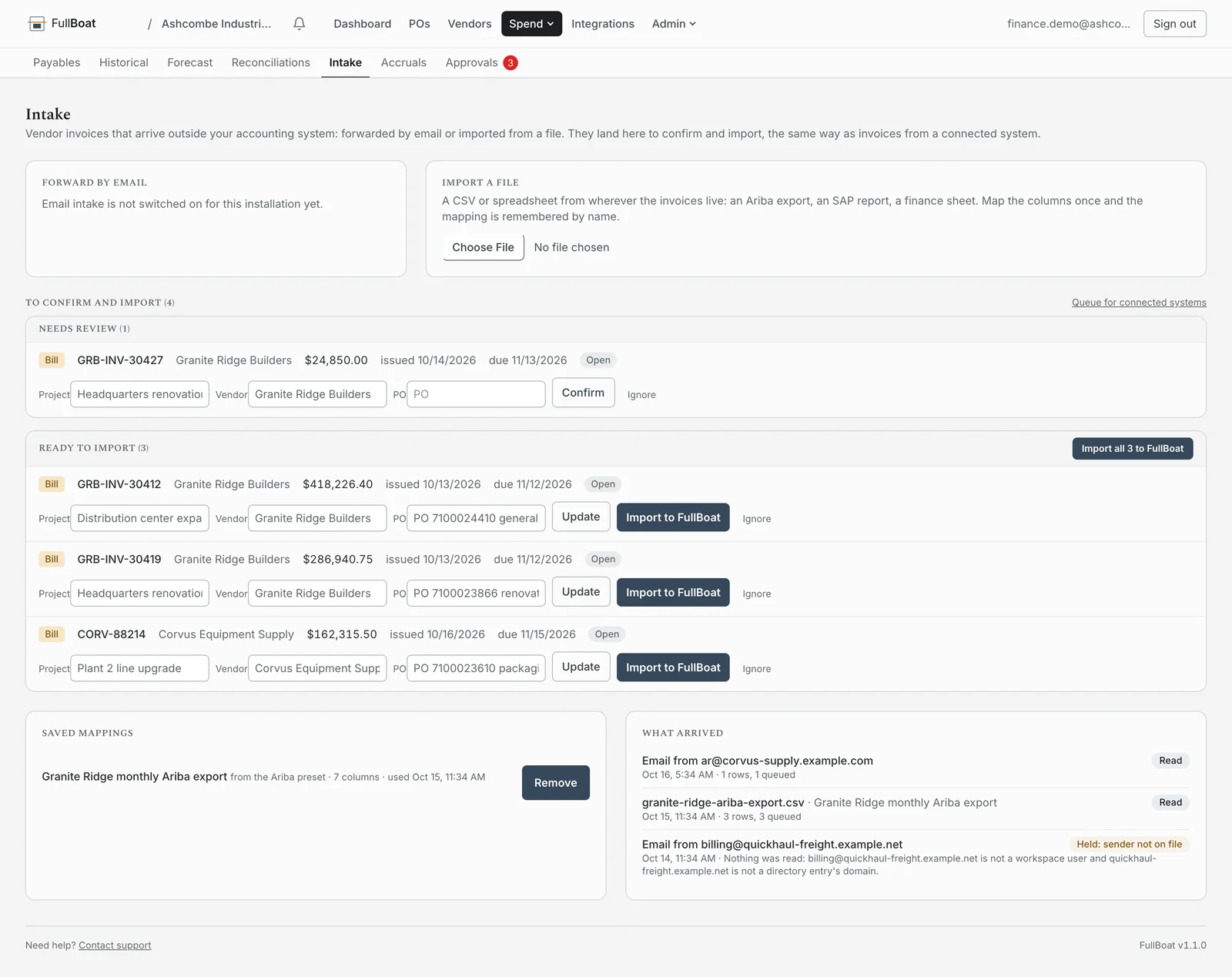 FullBoat intake: invoices from a spreadsheet export and a forwarded email, matched to their project, vendor and PO, and an email held from an unknown sender.