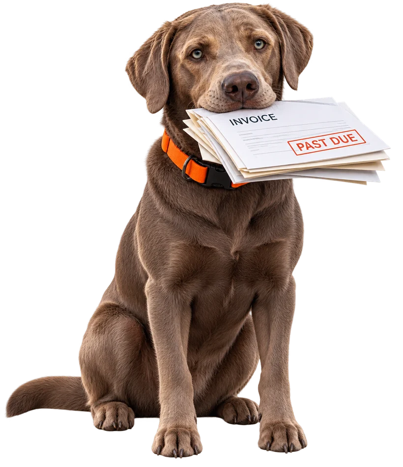 Retriever, a chocolate lab holding a stack of past due invoices.